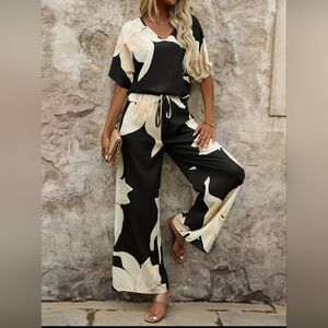 Floral Black and Cream pants and shirt set